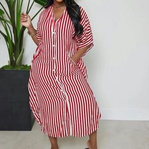 Women’s Striped Print Pocket Button Front Shirt Dress